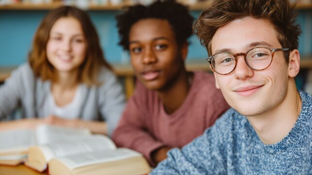 Group of diverse teenage students studying together at a desk with open books, smiling and learning a foreign language in a bright and friendly classroom environment.