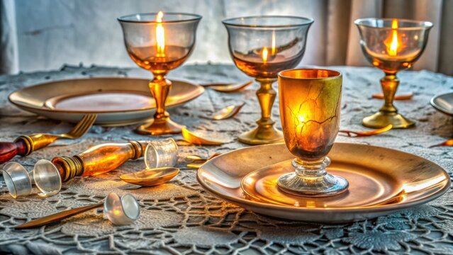 Elegant dining table setting with lit candles and glassware  