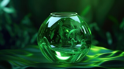 in the style of Midjourney, a closeup shot of a glass bowl filled with water, surrounded by lush green foliage, vibrant colors, photorealistic, high-quality, highly detailed, intricate, 8k, cinematic 