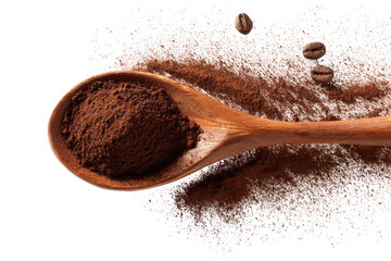 Wooden spoon holding cocoa powder over sugar and coffee beans