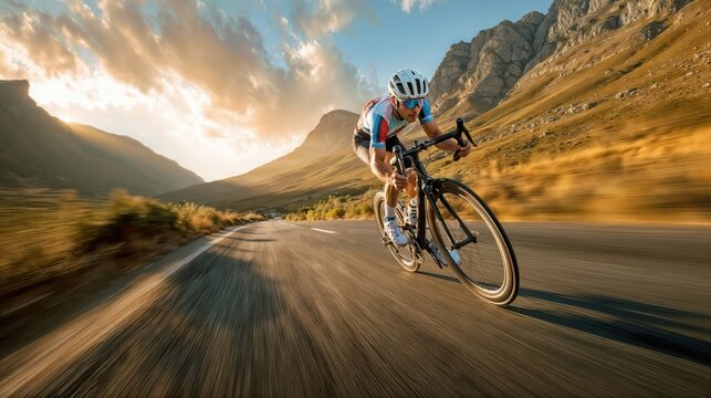 A cyclist races down a winding mountain road at high speed. The scene is full of energy and motion