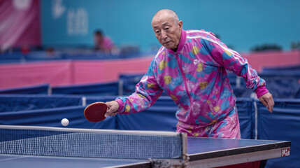 An older asian man in a vibrant pink jumpsuit plays table tennis. The motion is captured as he strikes the ball