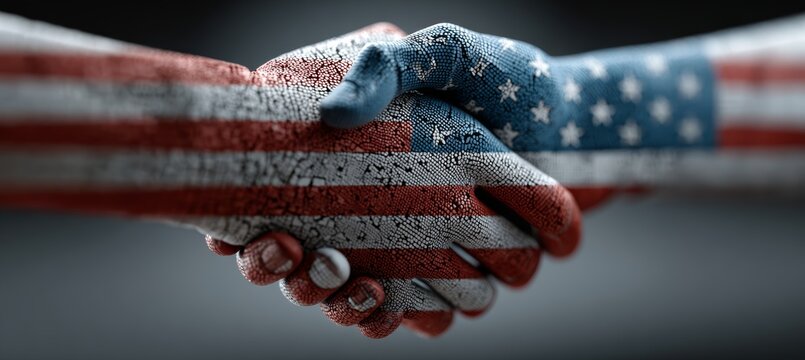 America hands handshake greeting. USA 4th of July Memorial or Independence day. Generative AI technology.