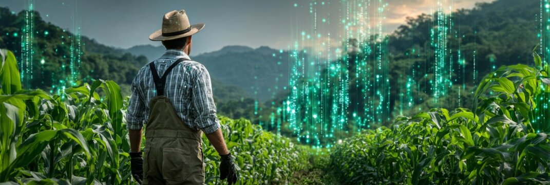 Agricultor contemplando campo con datos biodigitales superpuestos
