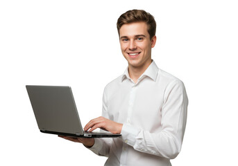 Young man smiling while typing on laptop isolated on transparent background