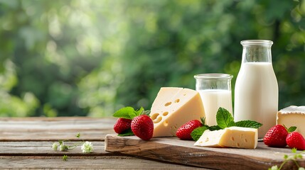 Fresh dairy products with milk, cheese, and strawberries on wooden table with green nature background in sunny outdoor setting