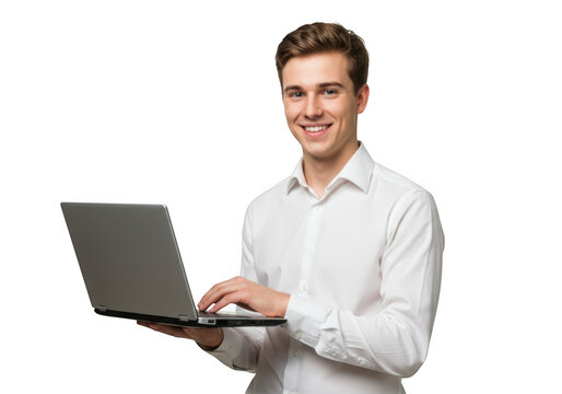 Young man smiling while typing on laptop isolated on transparent background