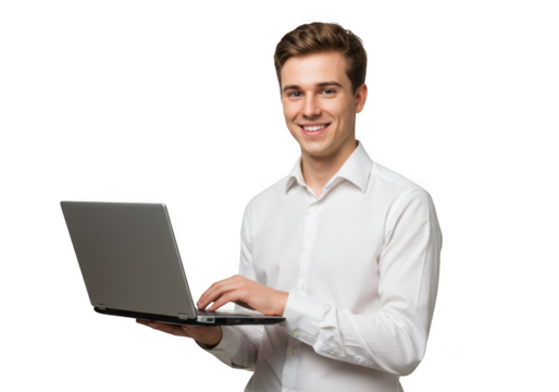 Young man smiling while typing on laptop isolated on transparent background