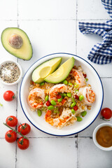 Rice bowl with shrimps and edamame beans