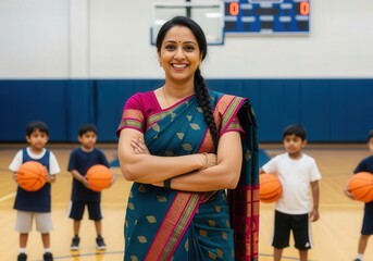 Smiling Indian teacher in traditional sari leads young students in gym basketball class