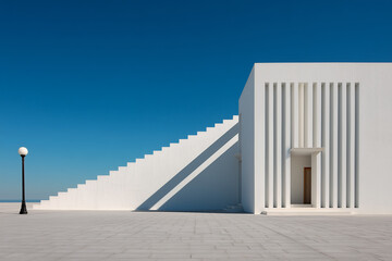 Minimalist white building with exterior staircase and lamp post under clear blue sky