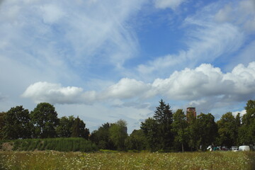 church, countryside, wildflowers, summer meadow, blue sky, clouds, rural landscape, nature, scenic...