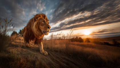 Male lion walks through African savanna at golden hour. Pride lion wildlife photography