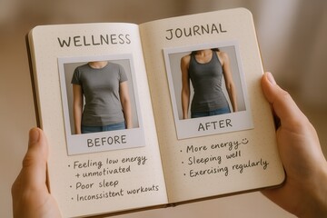 Wellness journey progress in fitness and energy before and after with motivational journal insights