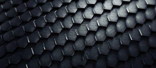 Obraz premium close-up, hexagonal, black, metal, textured, pattern, geometric, abstract, industrial, moody, dystopian, dark, grungy, shadowy, detailed, intricate, seamless, background 