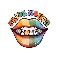 LGBT Pride month 2026 icon with lips colored in pride flag colors and open mouth with teeth and tongue. LGBT PRIDE MONTH 2026 icon and poster with groovy hipster woman open mouth isolated on white