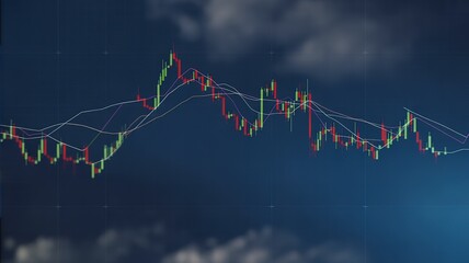 Financial stock market candlestick chart with trend lines on a dark blue background