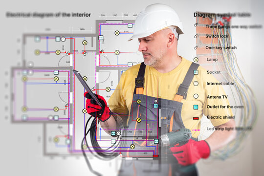 Man electrical communications engineer. House electrification. Man electrician with tablet computer. Engineers studying room electrification plan. Portrait of electrical engineer at work.