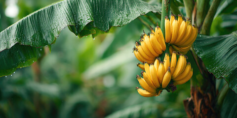 Ripe bananas hanging from a tree, ready for harvest. The bunch is bright yellow, surrounded by green banana leaves