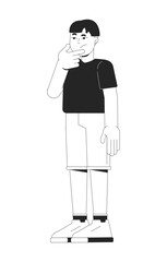 Young boy wondering hand on chin 2D line character. Thinking kid standing, wearing shorts and tshirt. Smart child curiosity isolated vector ink outline person. Monochromatic spot illustration