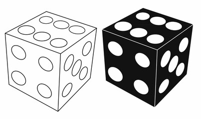 3D dice icon set in outline and silhouette solid black style. Vector of six sided game cubes with pips. Perfect for casino, board games, luck, or gambling illustrations.