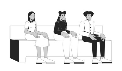 Multicultural people sitting on church pew 2D line characters. Two women and one man participating in spiritual gathering isolated vector ink outline people. Monochromatic spot illustration