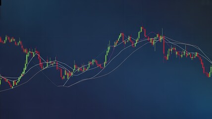 Financial stock market candlestick chart with moving averages on a dark blue background