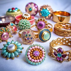 Colorful collection of decorative rings with gems and intricate designs  