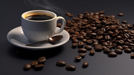 close-up, coffee cup, coffee beans, dark background, steam, high contrast, photorealistic, cinematic lighting, sharp focus
