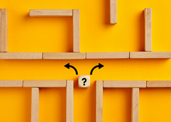 Question mark in wooden cube inside maze showing two possible solutions