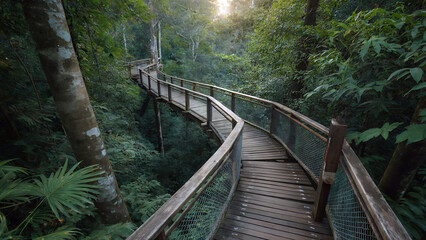 Wooden boardwalk winding through lush green forest canopy