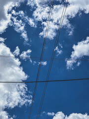 Looking Up at Power Cables Against a Summer Sky
