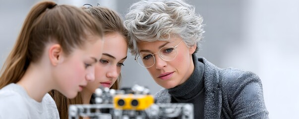 Editorial Photography of a teacher guiding students in building a robot, capturing the mentorship and learning process, with a focus on the hands-on activities and the use of various tools and