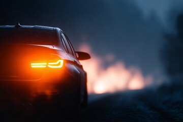 Car with orange tail lights on dark road, Rear of car at night with glowing lights, Night journey or travel concept image