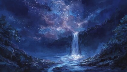 Cascada iluminada por nebulosa en un entorno nocturno sereno