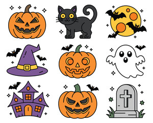 A collection of nine cute Halloween cartoon illustrations. This spooky holiday set includes a black cat, ghost, jack-o'-lantern, and haunted house.