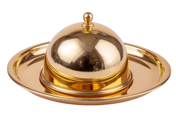 Polished gold-toned serving dish with dome lid.  A round, shallow, gold-colored serving platter holds a matching dome-shaped lid.  High gloss finish.  Isolated on black background