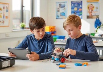 Two boys engaged in robotics and programming in classroom