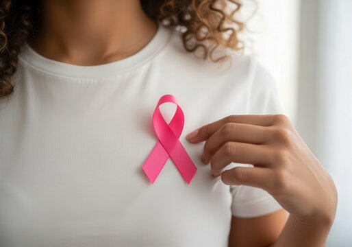 Woman wearing pink breast cancer awareness ribbon on white shirt