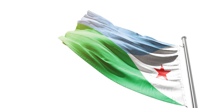 Djibouti national flag waving on white background with cutout path. A flag on isolated background with cliping mask. Djibouti national flag for independence day.