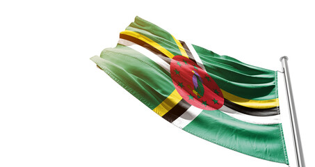 Dominica national flag waving on white background with cutout path. A flag on isolated background with cliping mask. Dominica national flag for independence day.