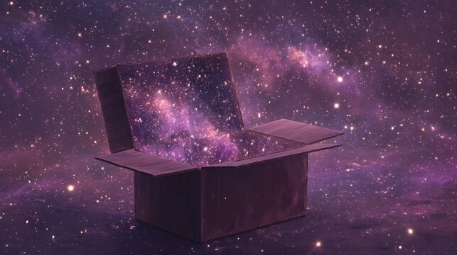 Open delivery box with galaxy inside, cosmic vibes, deep purples and starlight glows 