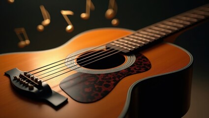 Fototapeta premium Beautiful Acoustic Guitar with Musical Notes Flowing Around It Creating an Enchanting Melody