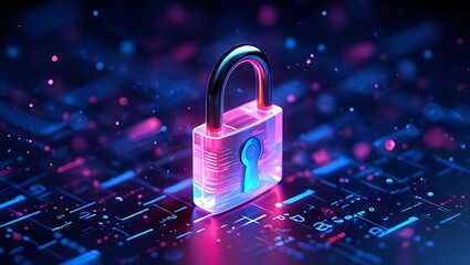 Digital padlock glowing with vibrant neon blue and pink light symbolizing cybersecurity data protection and online privacy on a futuristic technology background