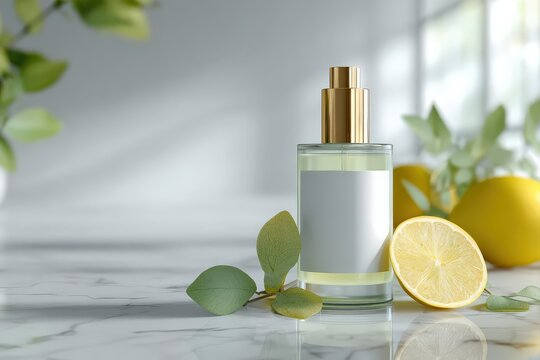 Organic skincare product on mirror tile surface, blank label, sunlight gradients, lemon and sage hues 
