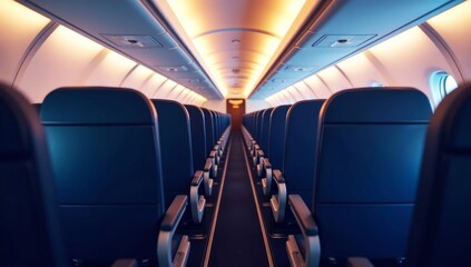 Fototapeta premium Inside the empty passenger train, a clean row of seats faces the window, ready for travel, Spacious interior design highlights modern air travel comfort.