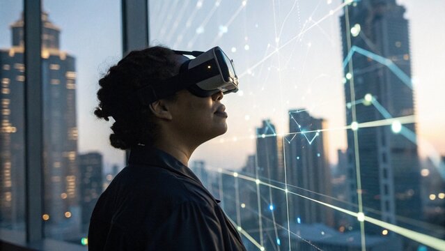 Woman using virtual reality headset in modern office with city skyline and digital data overlay for business innovation and future technology