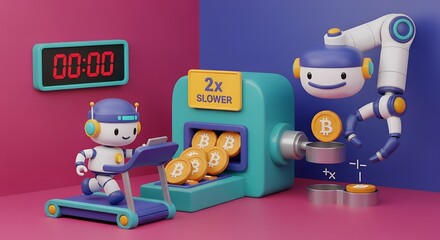 The Bitcoin Halving: A cute robot miner runs on a treadmill while a machine produces Bitcoin coins 2x slower, illustrating the cryptocurrency's reduced reward event.