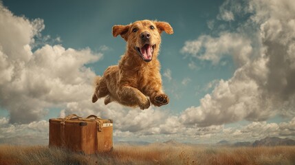 Pet jumping in joy near delivered pet food box, surreal cartoon setting with exaggerated joy