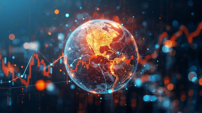 A global business growth analysis and asset investment digital of binary code flowing across a glowing blue globe, symbolizing global internet communication and data connection. - Powered by Adobe